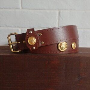 Women's small short brown leather belt gold metal face detail